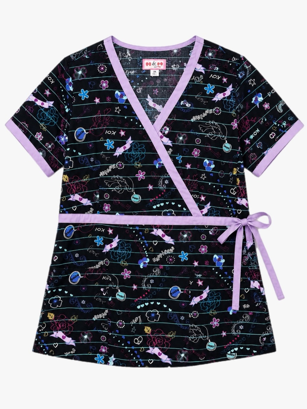 Koi NWT Plus Size 2X Glow In The Dark Black Wrap Scrub Top Lavender Trim